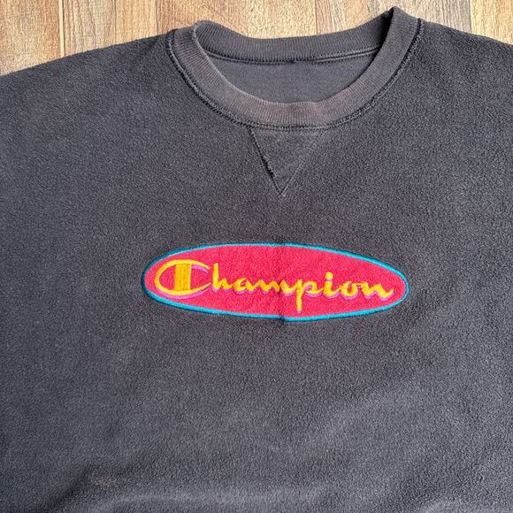 Vintage‎ 90s Champion Sweatshirt Men's Large Black Embroidered Towel Crew Neck - Picture 4 of 12